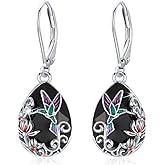 Flower Hummingbird Dangle Earrings S925 Tourmaline Bird Leverback Earrings Hummingbird Jewelry Gift for Women