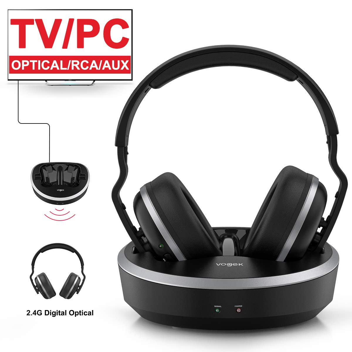 con stazione di ricarica del trasmettitore senza fili tecnologia RF in  fibra ottica stereo Hi-Fi circa 30 m 2,4 G ricaricabili per TV/PC/telefono  vogek Cuffie wireless per TV Cuffie da studio urban-earth.co.uk