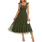 Women's Wedding Guest Dress Dotted Tulle Smocked Summer Midi Sleeveless Ruffle Tiered Flowy Mesh Party Sundress