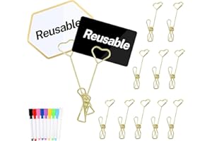 AETJXIXEE 12Pcs Metal Double Sided Reuse Price Tag Holder Clips with 9 Color Chalk Markers and 24Pcs Erasable Tags for Cake Rack Price/Menu/Table Number/Bouquet Card/Picture/Sale Retail Display (Gold)