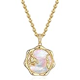 MTMY Birth Flower Necklace 14K Gold Plated Mother of Pearl Disc Birth Month Flower Pendant Necklaces for Women Personalized Custom Floral Jewelry Birthday Gift