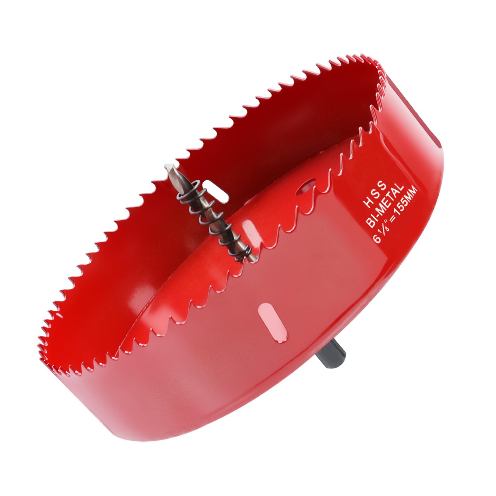Photo 1 of 6.1 Inch / 155mm Hole Saw Red with Arbor and Pilot Drill Bit, Bi-Metal Hole Cutter for Fiberboard, Wood, Drywall, Plastic, Soft Metal Sheet, PVC Board and Cornhole Boards Drilling