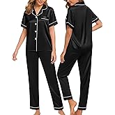 SWOMOG Women Satin Pajamas Set Short Sleeve Top & Pants Sleepwear Silky Button Down Nightwear 2pcs Loungewear Pjs Set