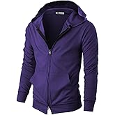 Ohoo Mens 100% Cotton Hoodie Two Way Zipper Slim Fit Wide Hood Thin Lightweight Full Zip Hooded Sweatshirt