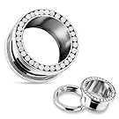 White Opalite Paved Screw-Fit Tunnels in 316L Stainless Steel - Sold as a Pair - Available in Multiple Sizes (6mm (2GA))
