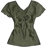 winkbay Women's Plus Size Tie Front Blouses Summer Deep V Neck Short Sleeve Y2k Going Out Tops