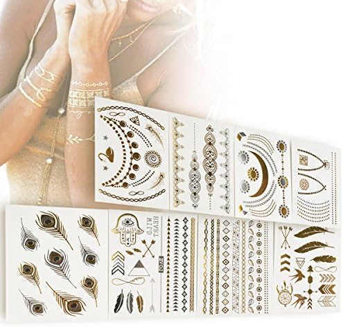 BeneU Metallic Temporary Tattoos, 8 Sheets Gold Silver Flash Jewelry Tattoos Glitter Shimmer Designs for Women Teens Girls