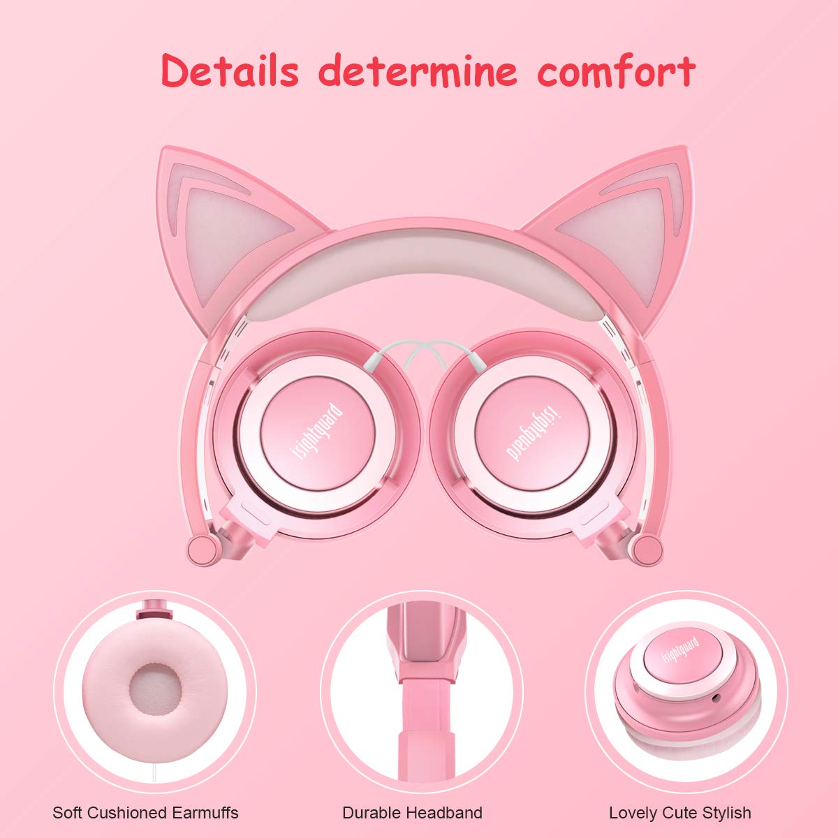 Kids Headphones,Isightguard Wired Headphones On Ear, Cat Ear Headphones with LED for Girsl, 3.5mm Audio Jack for Cell Phone,Pink