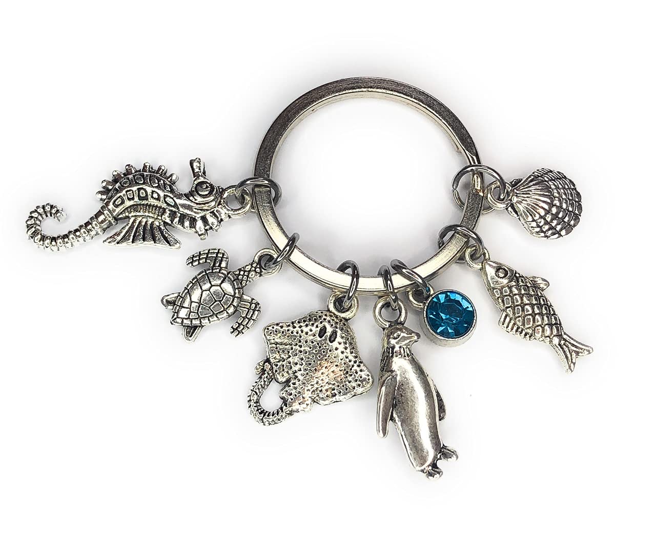 FizzyButton Gifts Ocean Sea Creatures Charm Keyring Key Ring in Gift Bag with Penguin, Fish, Seahorse, Turtle, Shell, Flatfish and Turquoise Rhinestone Charms