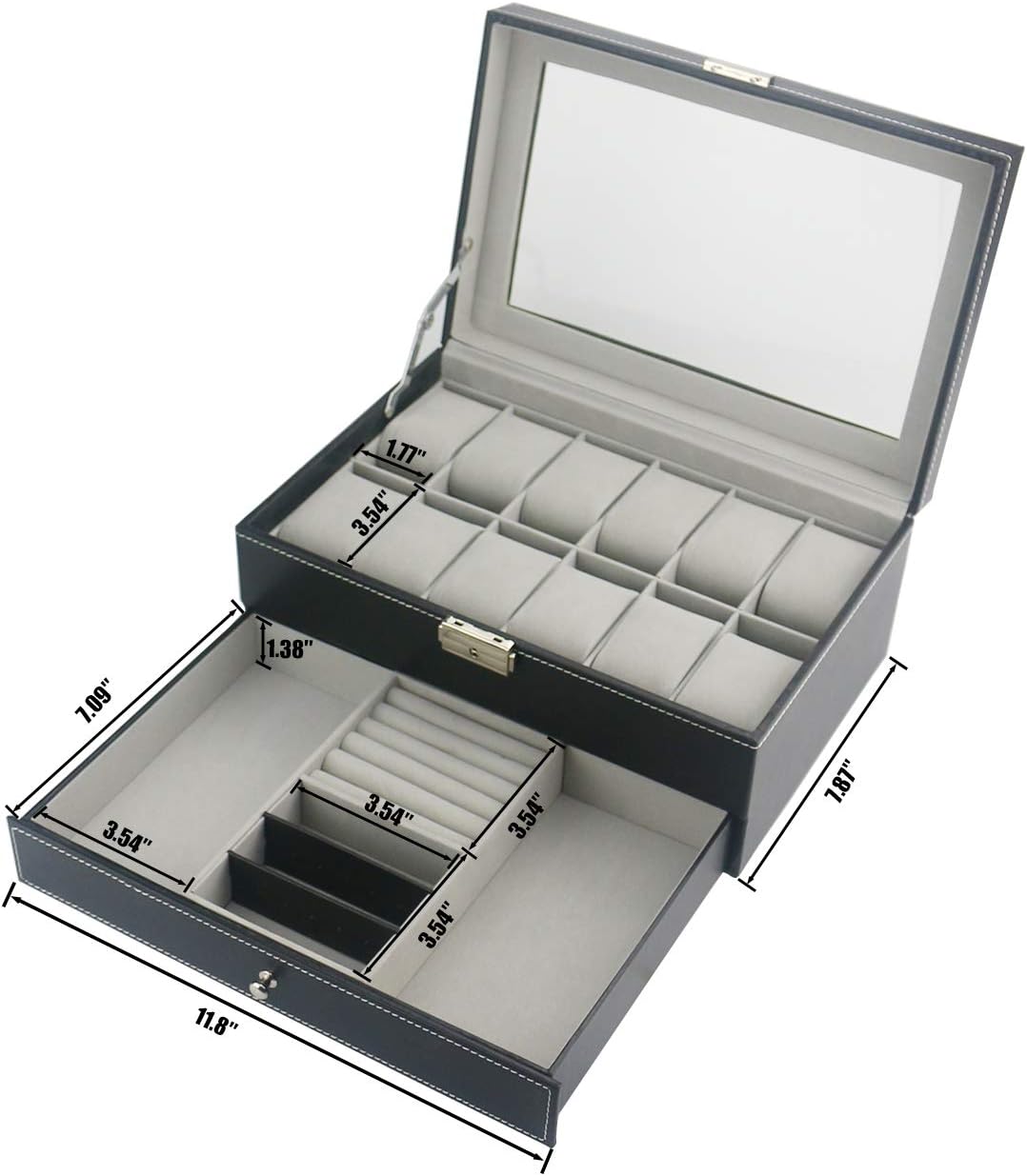 Ogrmar 12 Slot PU Leather Lockable Watch Storage Boxes, Men & Women Jewelry Display Drawer Case, 2-Tier Organizer Watch Showcase with Glass Lid: Home & Kitchen