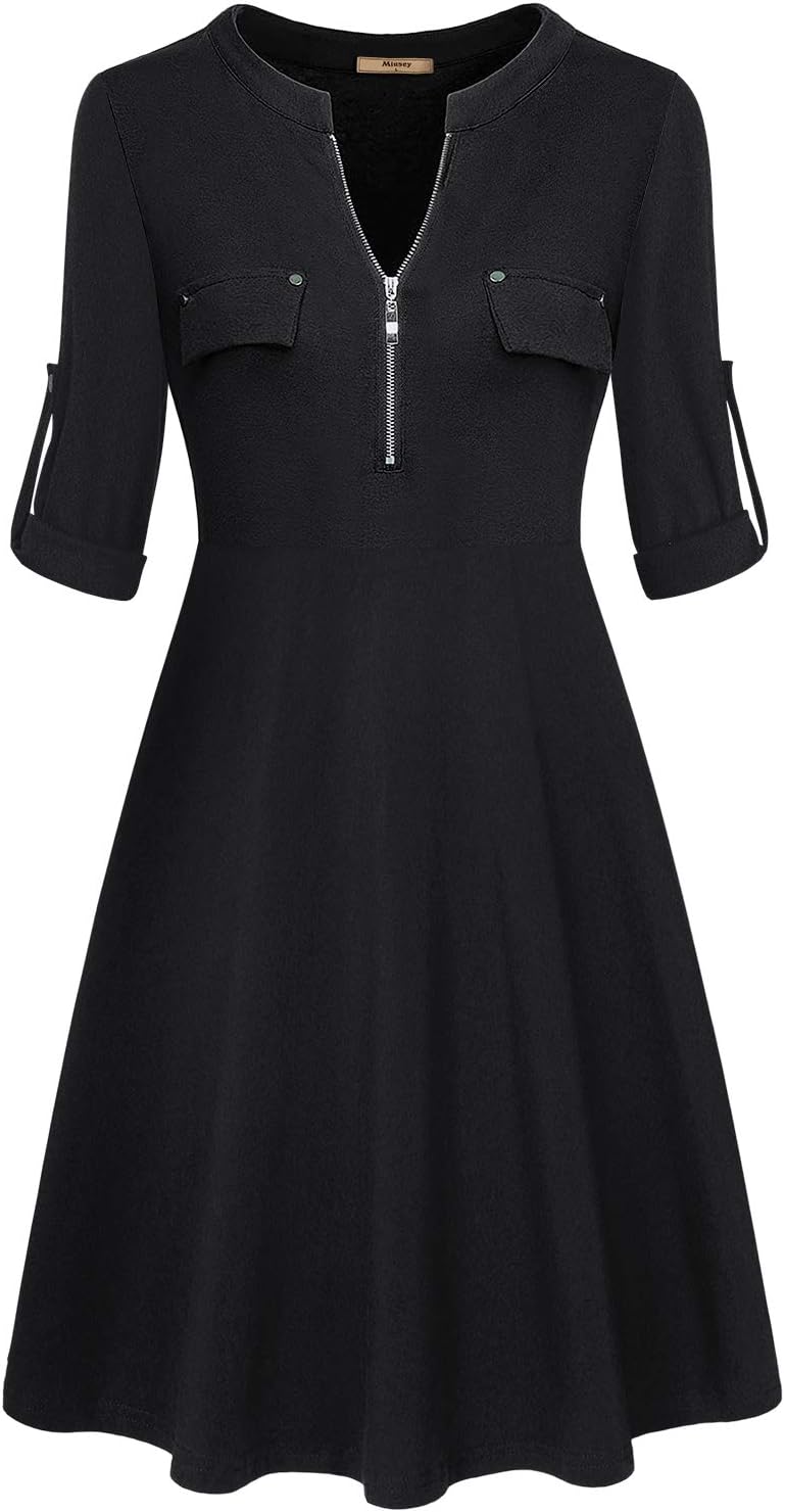 Womens 3/4 Roll Sleeve Zipper Causal Blouse Shirts Midi Dress with Pocket