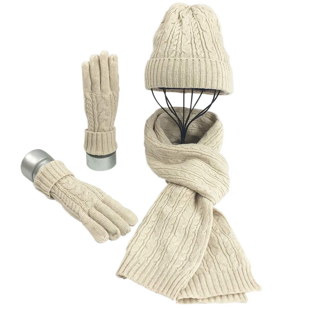 Warmiehomy Hat Gloves Scarf Set for Women Ladies Girls Soft Warm Knitted Beanie Cap Long Scarf 3 in 1 Winter Thick Set for Outdoors Walking Shopping Skiing Fishing Camping,Beige