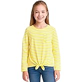 HILEELANG Girl Long Sleeve T-Shirt – Striped Cotton Stretch Tee with Pocket and Tie Front,Size 5–16Y