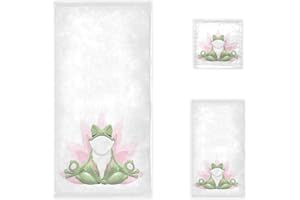 Naanle Chic Funny Frog Doing Yoga Soft Luxury Decorative Set of 3 Towels, 1 Bath Towel+1 Hand Towel+1 Washcloth, Multipurpose for Bathroom, Hotel, Gym, Spa and Beach(White Pink)