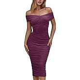 CurvySweet Women's Convertible Off Shoulder Neckline Special Occasion Party Ruched Bodycon Mesh Dress with Built-in Bra