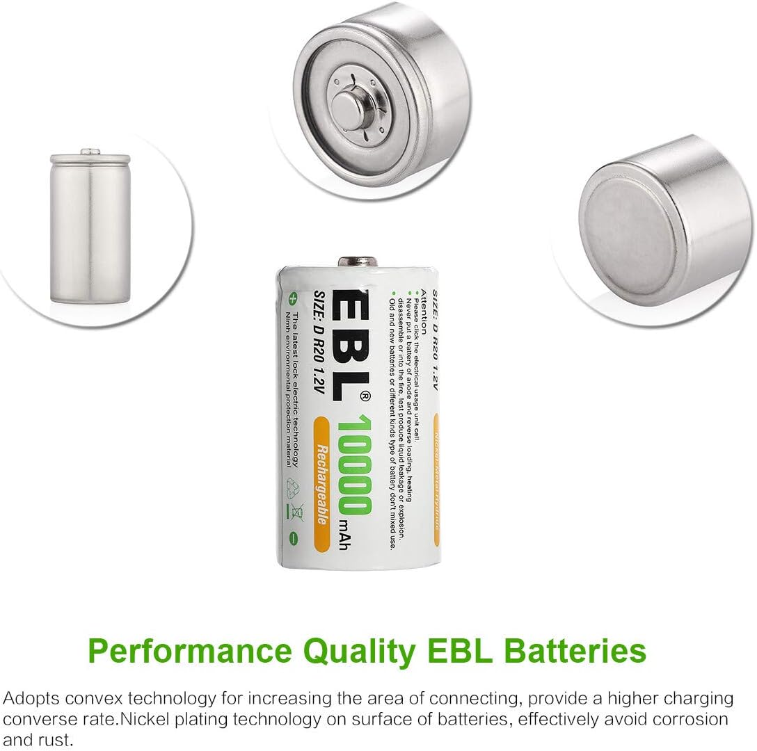 EBL Rechargeable D Batteries, 10000mAh Ni-MH High Capacity D Cell Battery New Retail Package, Pack of 4: Home Audio & Theater