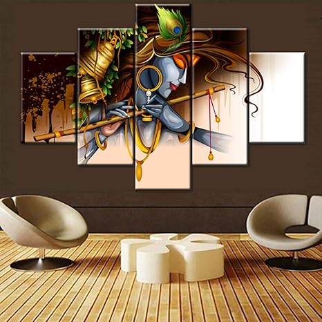 Amazon Com Indian Pictures Lord Krishna Wall Decor Religious Artwork For Walls Hinduism Deity 5 Pcs Multi Panel Canvas Home Decorations For Living Room Wooden Framed Ready To Hang Posters And Prints 60 Wx40 H Paintings