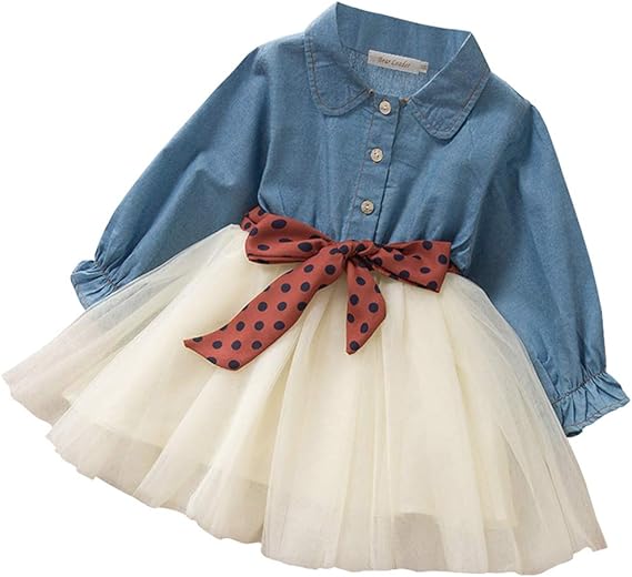 Amazon Lywenqinhg 子供服 ワンピース 長袖 女の子 デニム チュールスカート 可愛い リボン カジュアル お出かけ 90 ワンピース チュニック 通販