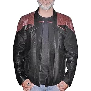 ACTIVEFORGE Men's Star Season 3 Captain Picard Riker Cosplay Uniform Trek Black and Burgundy Sheepskin Leather Field Jacket