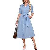 Womens Button Down Shirt Dress Puff Short Sleeve Elegant Midi Tunic Dresses with Belt