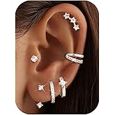 MILACOLATO 6 Pairs Silver Earrings Stacks for Women Trendy Dainty 14K Gold Plated Small Stud Huggie Hoop Earring Sets for Multiple Piercing Hypoallergenic Flat Back Cartilage Earrings for Sensitive Ears
