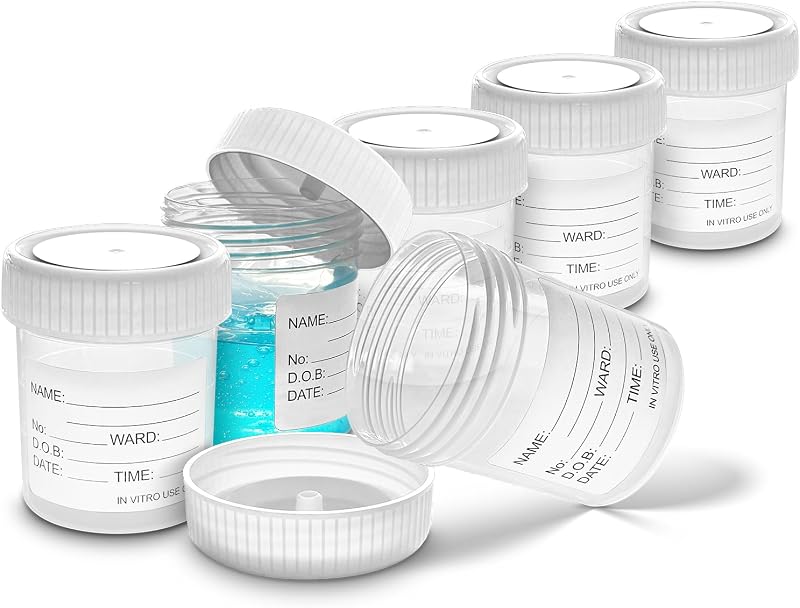 RE-GEN 6x 60ml Clear Specimen Pots Screw Top White Lids ID Label