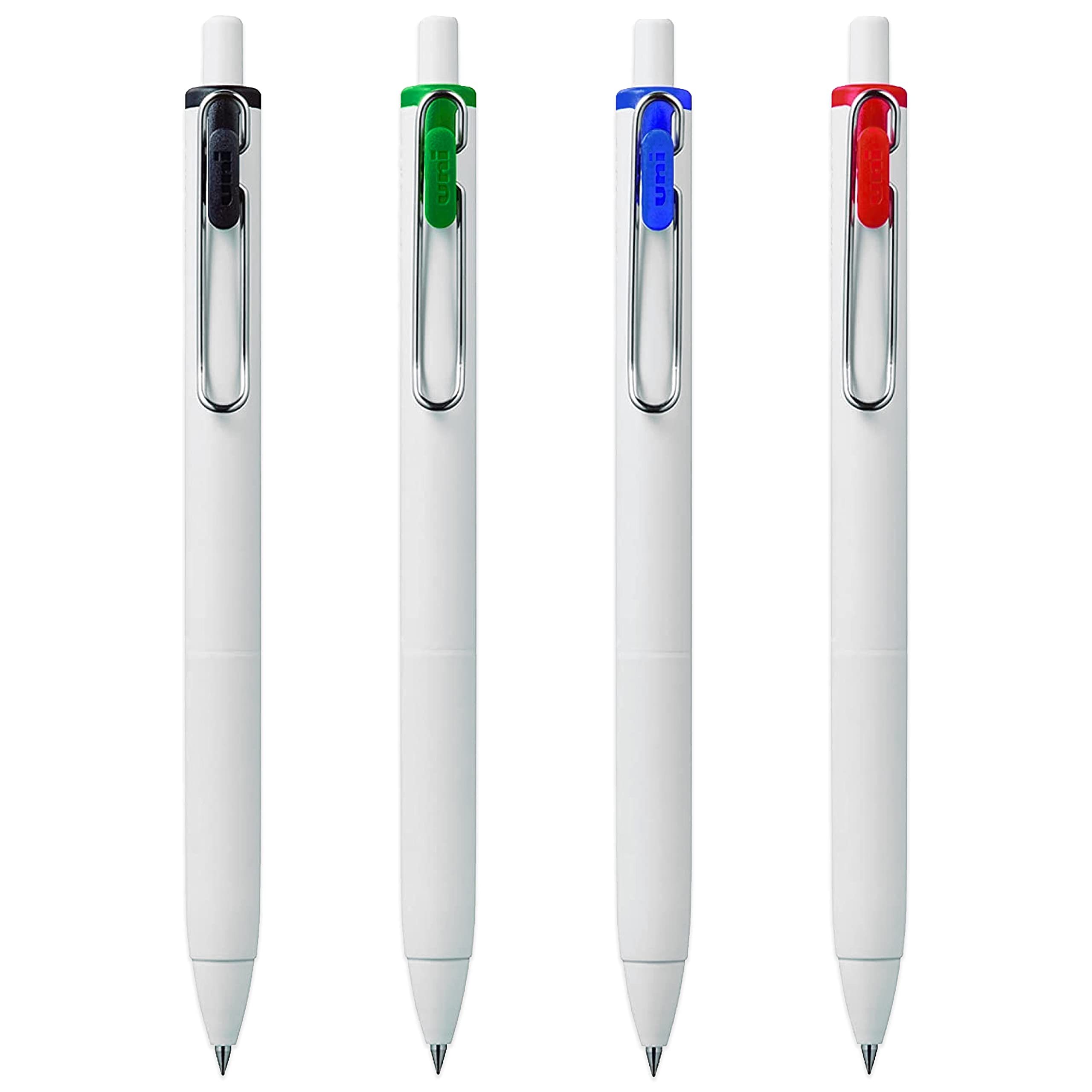 uni-ball UMN-S-05 Retractable Gel Ink Rollerball Pens - 0.5mm Tip Nib - White Barrel - Black, Blue, Red & Green - Pack of 4