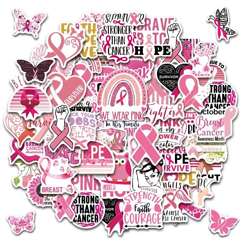 JULBEAR Breast Cancer Stickers, 200Pcs Breast Cancer Awareness Stickers Pink Ribbon Stickers Caring for Women's Health Water-Repellent Vinyl Stickers Decals for Laptop Bike