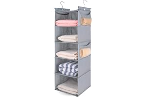 MAX Houser 5 Shelf Hanging Closet Organizer,Space Saver, Closet Hanging Shelves with (4) Side Pockets,Foldable,Light Grey