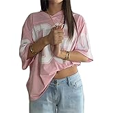 Oversized Jersey Shirts for Women Y2k Number Graphic Print V Neck Short Sleeve Aesthetic Summer T-Shirt Streetwear