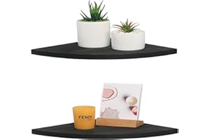 DUICIRX Corner Wall Shelves Set of 2, Rustic Wood Corner Floating Shelves with Cable Raceway, Wall Mount Storage Display for TV Accessories, Baby Monitor (Black, Fan-shaped-10 Inch)