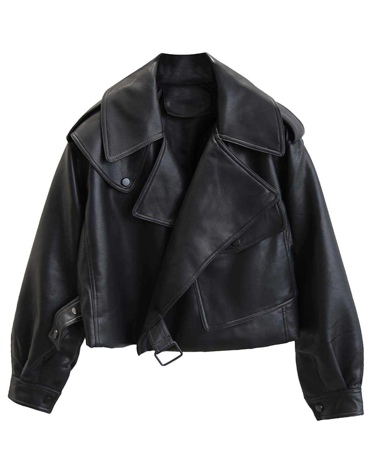 Photo 1 of LY VAREY LIN Women Black Faux Leather Jackets Casual Short Oversized Coat Asymmetrical Motor Biker Jacket (Black, L)