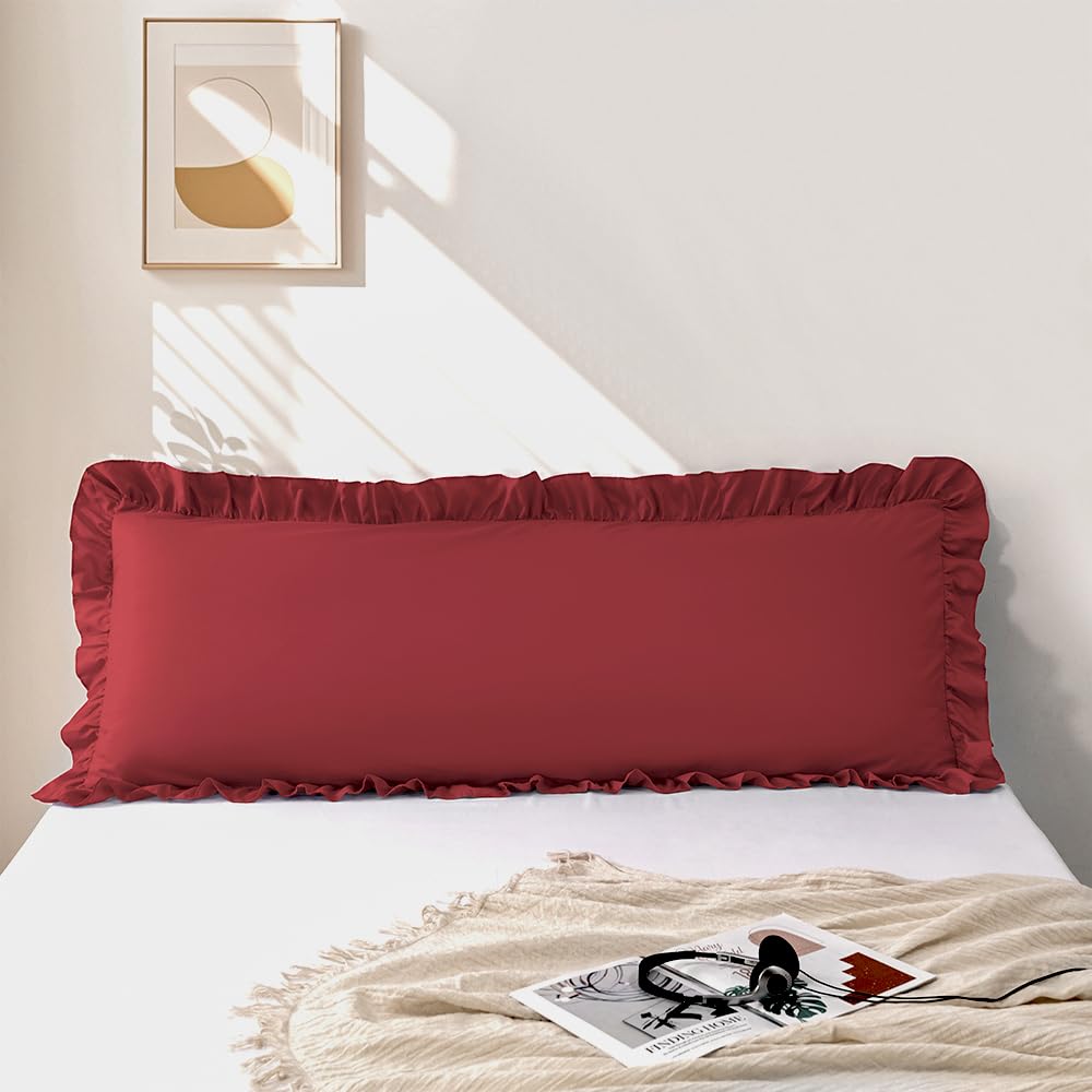 Photo 1 of 1 Piece Body Pillow Cover, 20''x54'' Microfiber Wine Red Ruffle Pillowcases, Soft Breathable and Non Shrinking Envelope Long Body Pillow Case