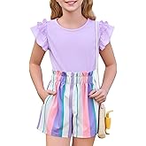 Haloumoning Girls 2 Piece Summer Outfits Clothes Ruffle Short Sleeve Shirts and High Waist Paper Bag Shorts Sets with Pockets
