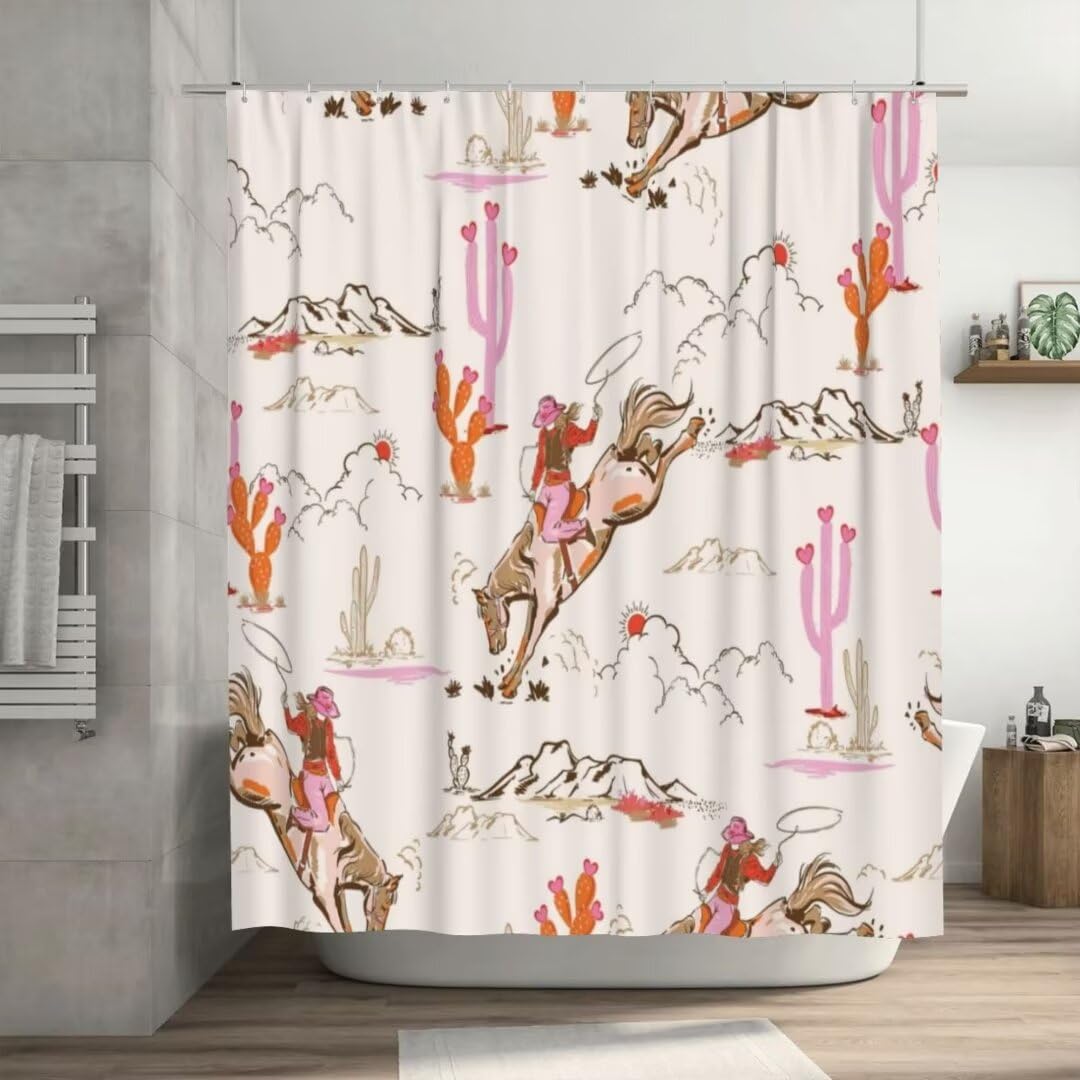 Photo 1 of BenYaSong Vintage Western Cowgirl Shower Curtains ?Rustic Wild West Cowboy Ride Horse and Desert Cactus Polyester Waterproof Cloth Bathroom Curtain with 12 Hooks 36x72Inch?92x183cm?