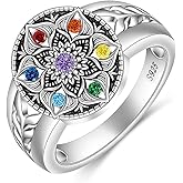 Mandala Chakra Ring Yoga Lotus Flower Rings for Women Sterling Silver Healing Crystal 7 Chakra Balance Jewelry Gifts
