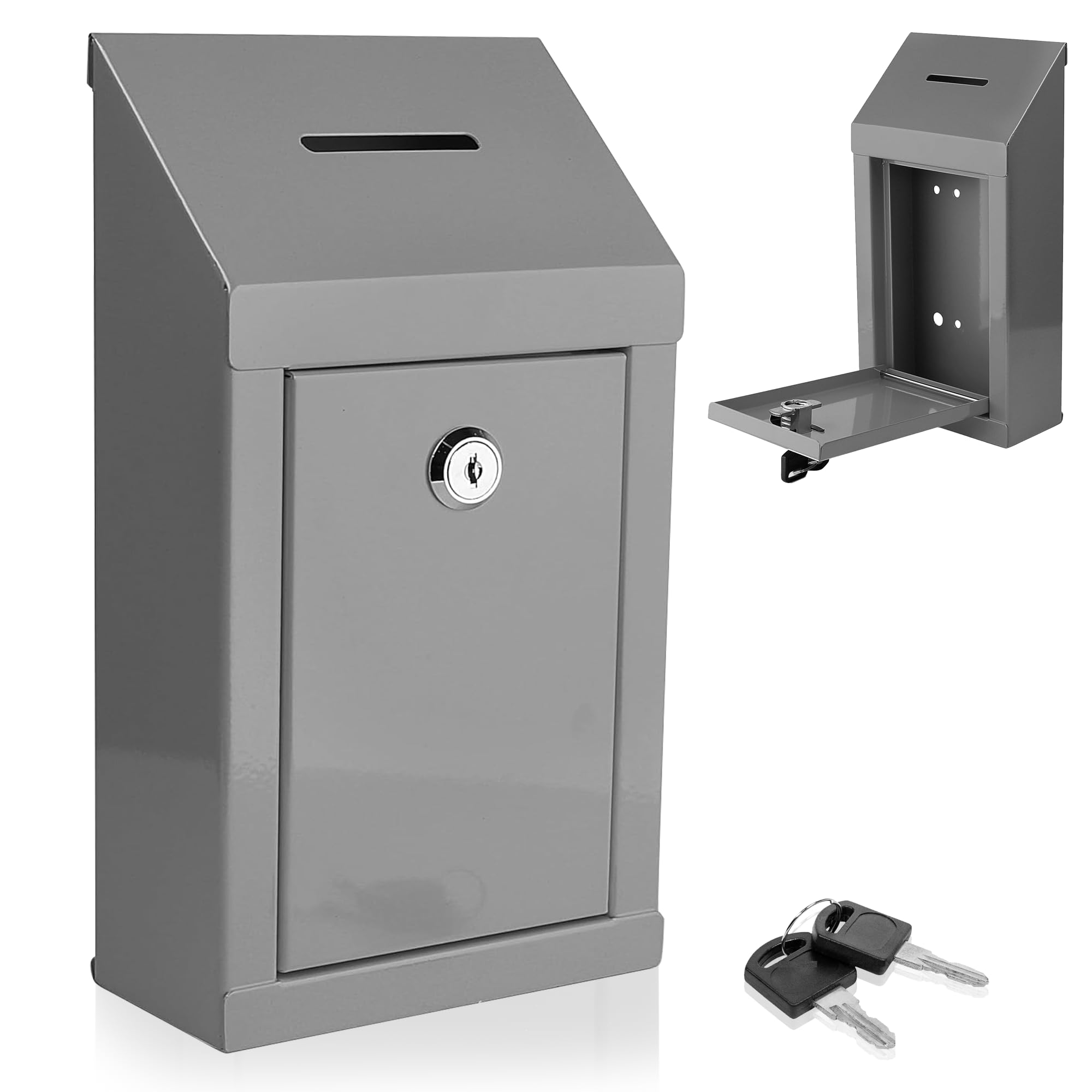 Metal Charity Donation Box Steel Collection Box with Suggestion Slot and Lock Includes Keys Wall Mounted with Pre-Drilled Holes 10" x 6" x 2.5" (Grey)