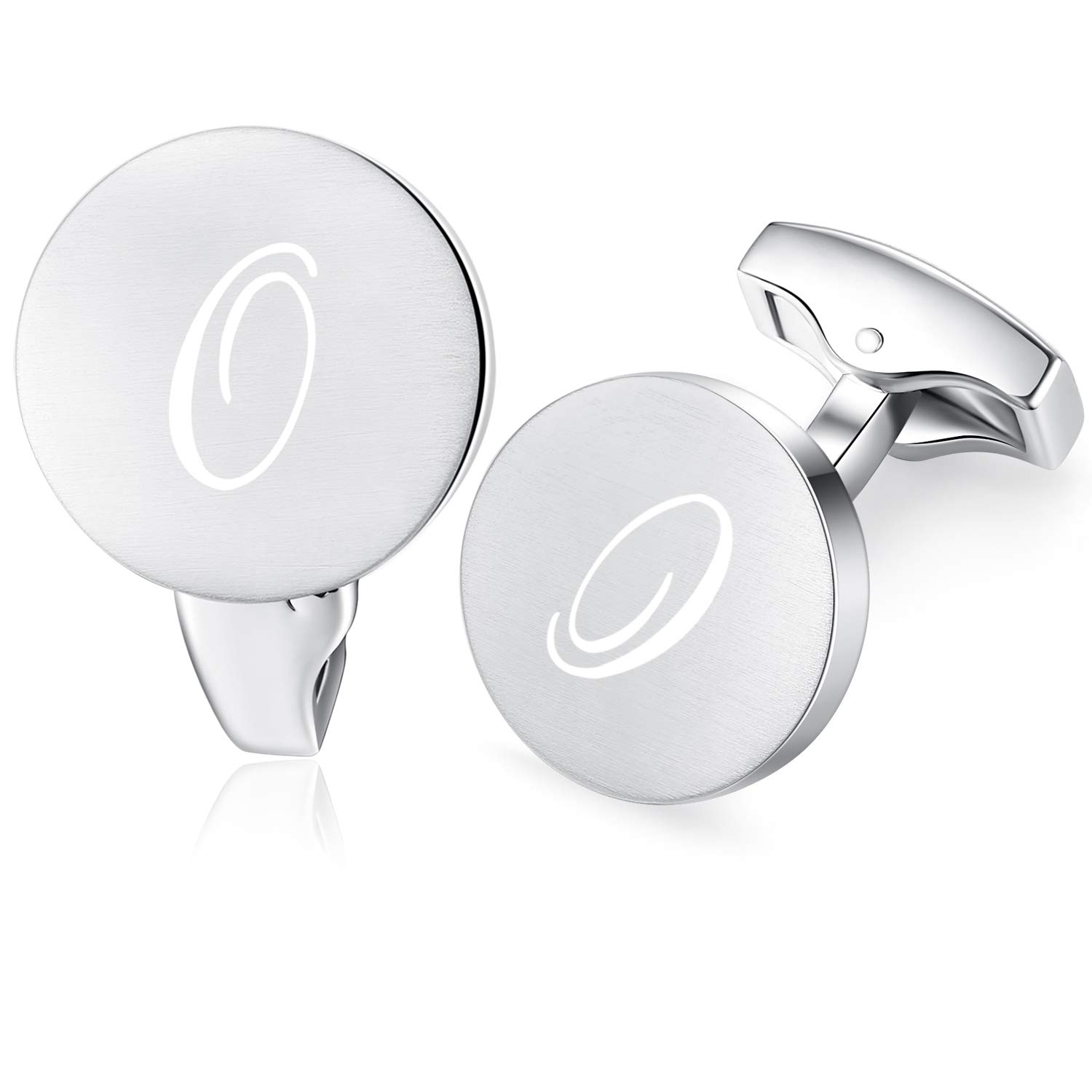 Honey Bear Initial Alphabet Letter Cufflinks for Men, Silver Round Shape Stainless Steel Wedding Business Gifts A - Z (O)