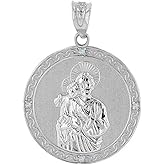 Solid 14k White Gold Saint Joseph Diamond Round Medal Charm Pendant (1")