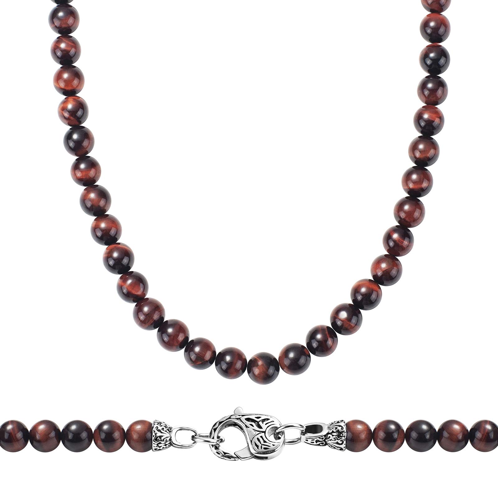 WESTMIAJW Mens Red Tiger Eye Beads Beaded Necklace Chain Natural Gemstones Healing Crystals Jewellery 60cm