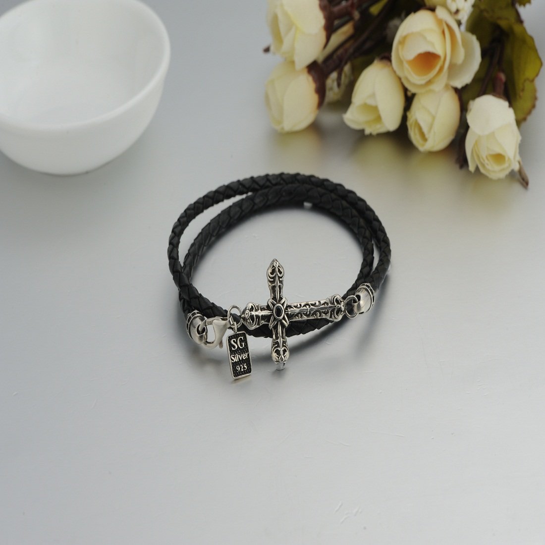 Santuzza Vintage Style Sideways Cross Leather Braided Bracelet Bangle for Women Men Sterling Silver Genuine Leather Braided Double Strap