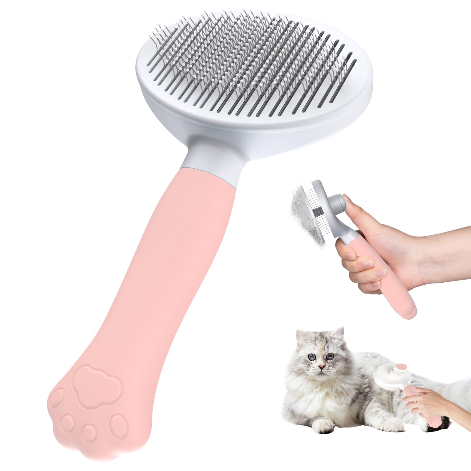 Zivacate Cat Brush Dog Brush [Ergonomic Grip & One-click Cleaning] Shedding Tool for Short & Long Haired Dogs/Cats/Rabbits, Deshedding Brush(light pink)