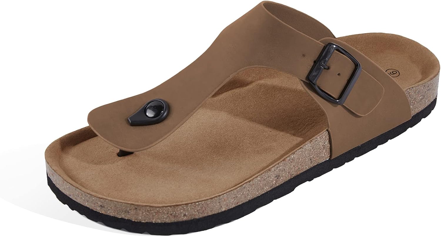 Runcati Mens Flip Flops Cork with Adjustable Buckle Straps Beach Slip