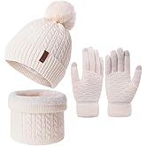3Pcs Winter Women Beanie Hat Scarf and Touch Screen Gloves Sets Girls Classic Knit Warm Chunky Fleece Lined Cable Cap