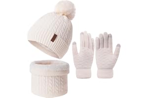3Pcs Winter Women Beanie Hat Scarf and Touch Screen Gloves Sets Girls Classic Knit Warm Chunky Fleece Lined Cable Cap