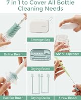 Momcozy 7-in-1 Bottle Brush Set Green Silicone Nipple Straw Drying Rack view 6