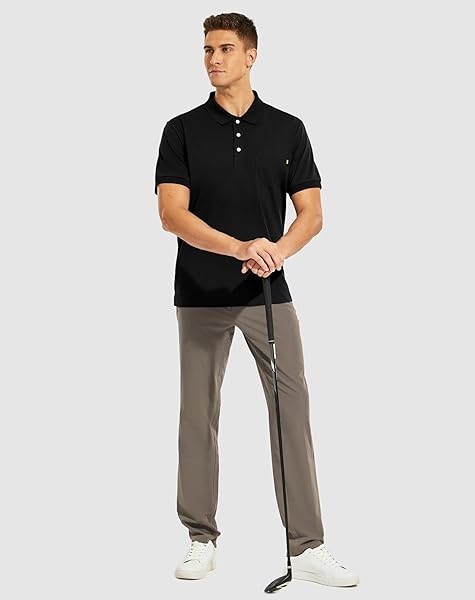 MIER MEN’S POLO SHIRTS POCKET SHORT SLEEVE QUICK DRY COLLARED GOLF SHIRT KNIT COLLAR FOR TENNIS, CASUAL,BLACK, L