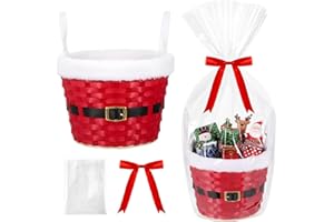 Threehoney Christmas Basket for Gifts Empty Christmas Santa Claus Woven Bamboo Basket with Xams Belt Bag and Bow Ribbon for Xmas Storage Gift Snack Skep with Handle 9"x7"