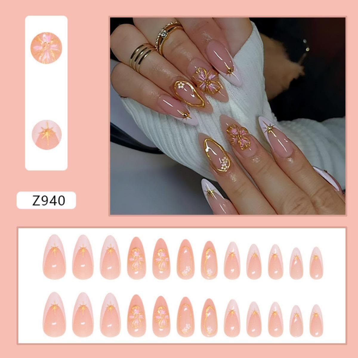Gold Flower Press on Nails Medium Almond Fake Nails with Gold Star Designs Glue on Nails White French tips False Nails Glossy Reusable Embossed Nails for Women Girls Manicure 24pcs - Image 2