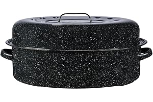 Granite Ware 19 inch oval roaster with Lid enameled steel design to accommodate up to 20 lb poultry/roast. Resists up to 932°F